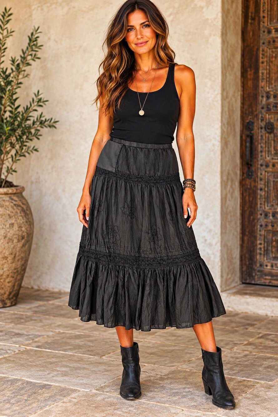 JPR Separates Silk Midi Skirt Black Lace embroidered Tiered A-Line Size S Vtg